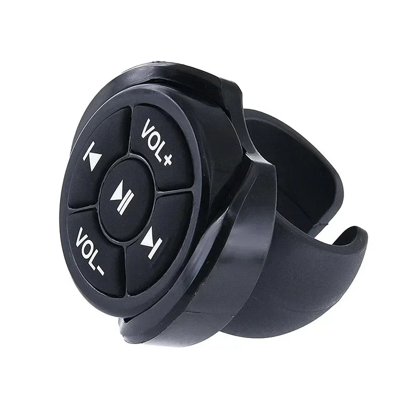 Black plastic bluetooth media button remote controller car with circular clip-on design for steering wheel mp3 control