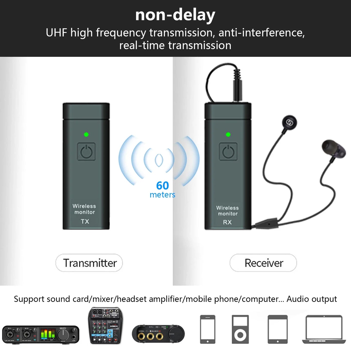 Black wireless professional iem stereo transmitter receiver uhf system with green power indicators delay simultaneous