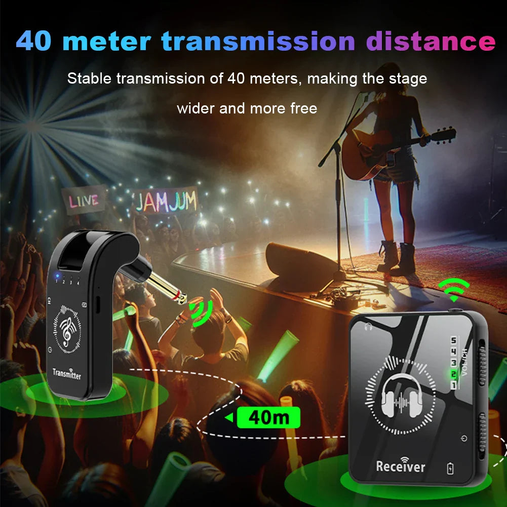 Black wireless iem system with rechargeable transmitter receiver and 40m range for studio band rehearsal and live performance