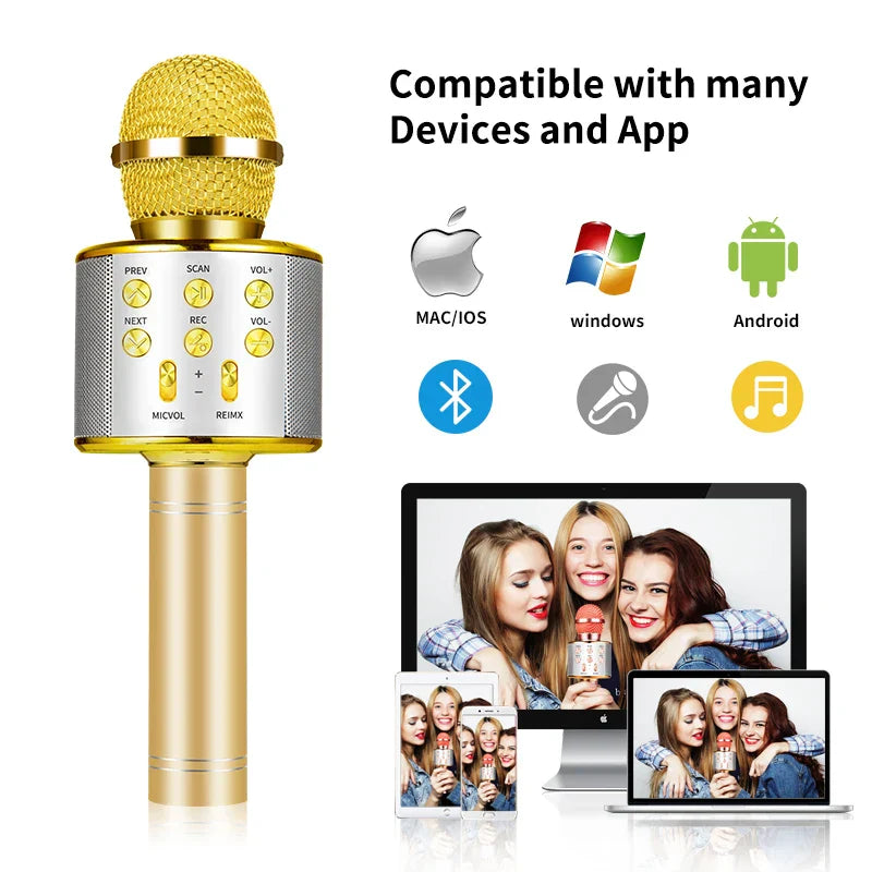 Gold-colored wireless karaoke microphone with textured grille and silver control panel for portable handheld mic use