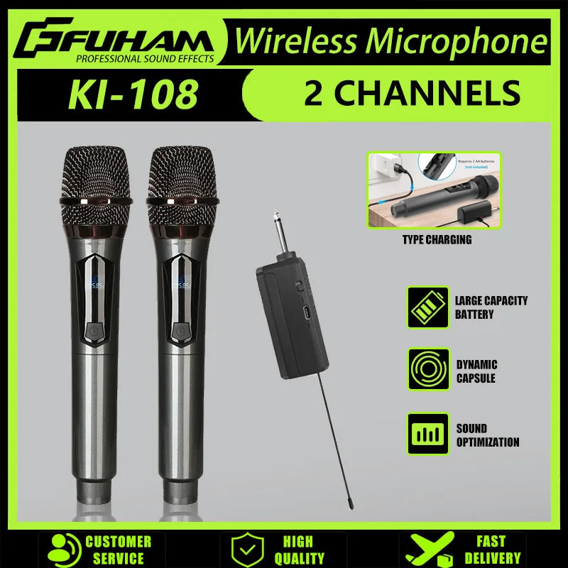 Fuham ki-108 wireless handheld microphone rechargeable set with black silver mics for karaoke live wedding party use