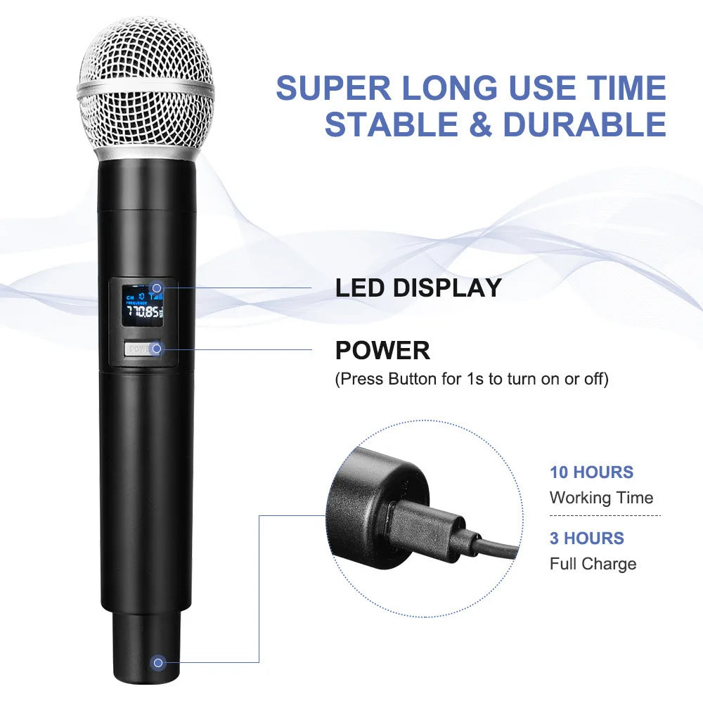 Black wireless microphone dynamic with silver mesh grille and led battery display for wedding party church use