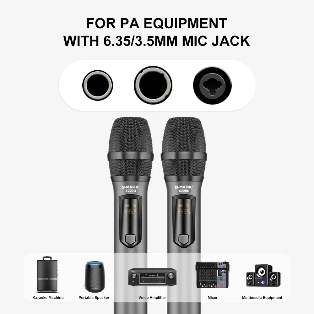 Black g-mark x220u uhf karaoke wireless microphones with mesh grilles rechargeable lithium battery and digital displays