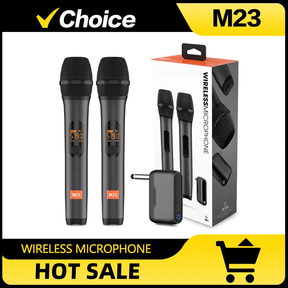 Black wireless microphone m23 with orange digital display and rechargeable receiver cordless for church party speaker use