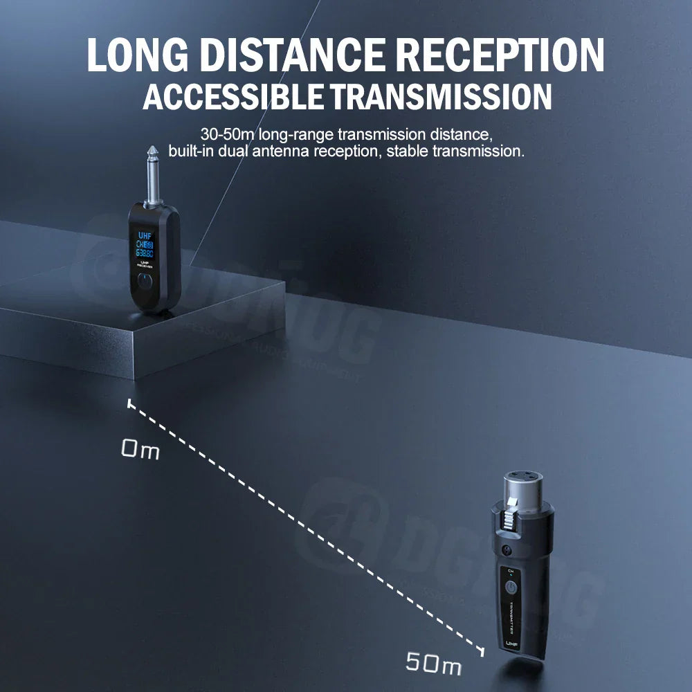 Black uhf wireless microphone transmitter receiver system with digital display and metallic uhf xlr adapter connector