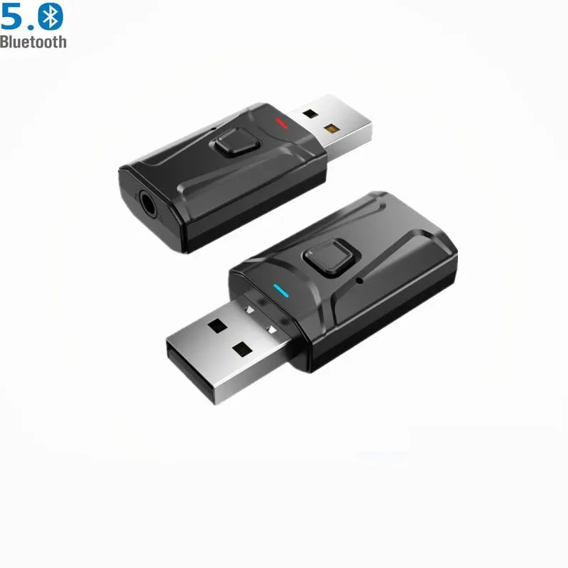 Black usb adaptor stereo bluetooth 5.0 with silver connector and button for wireless tv headphones headset foldable helmet use