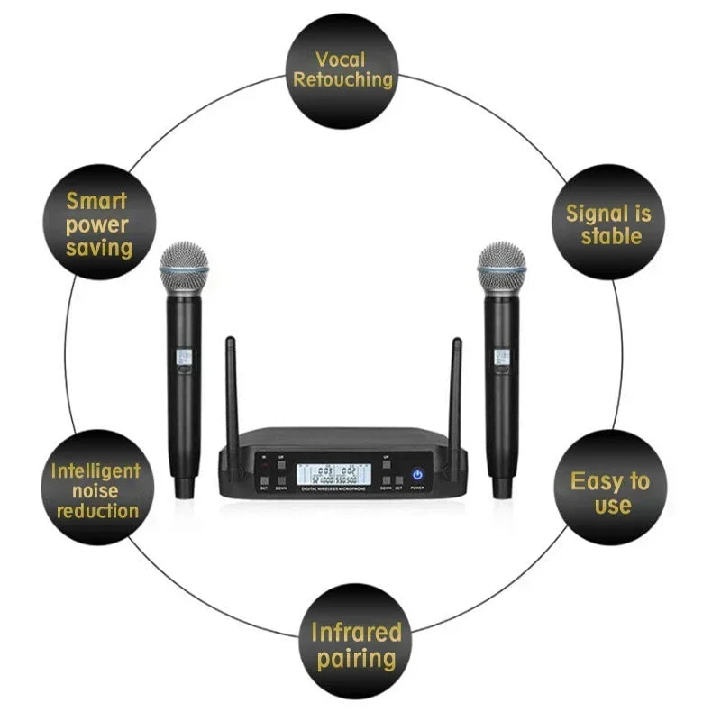 Black wireless uhf microphones with two handheld mics and lcd receiver for karaoke stage performance and party hip hop