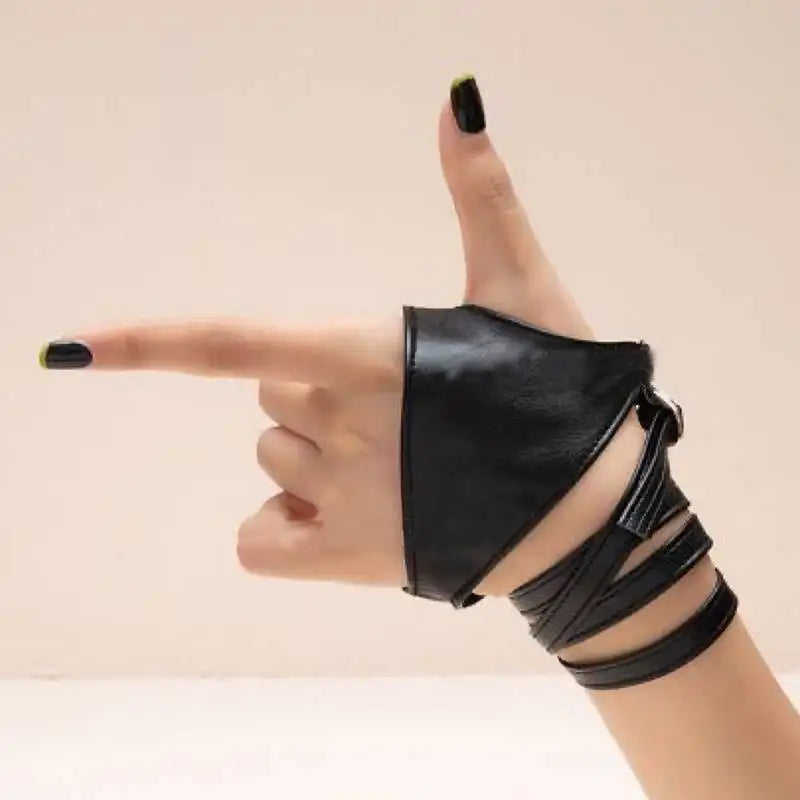 Black leather gloves fingerless with punk style strap wrapping the wrist for women cosplay stage perfermence accessory