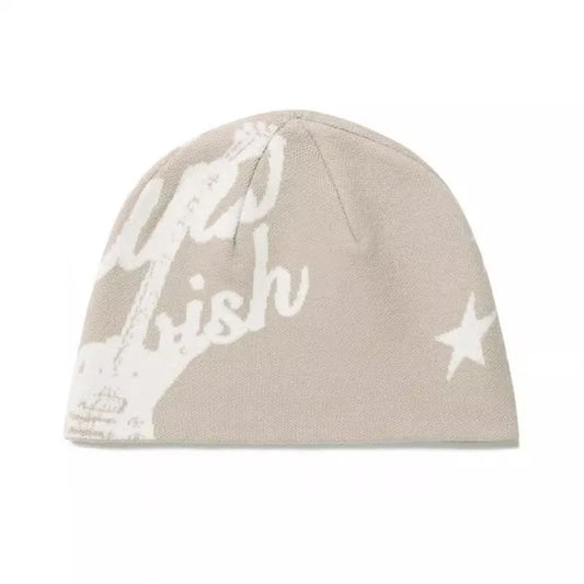 Beige knit hip hop beanie with white cursive you wish text and star graphic for gothic kpop y2k hats streetwear