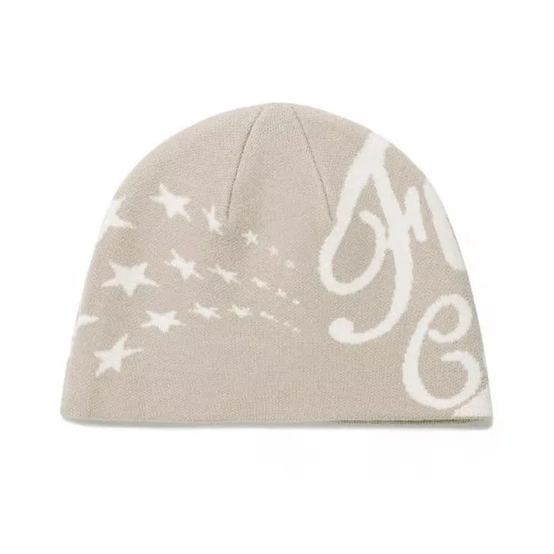 Beige knit hip hop beanie with white star and script logo pattern perfect for gothic kpop y2k hats streetwear fashion