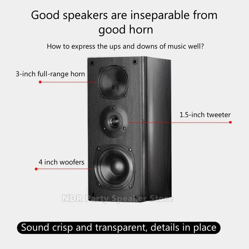 Black wooden bookshelf passive speakers with 3-inch full-range horn and 4-inch woofers for subwoofer home theater