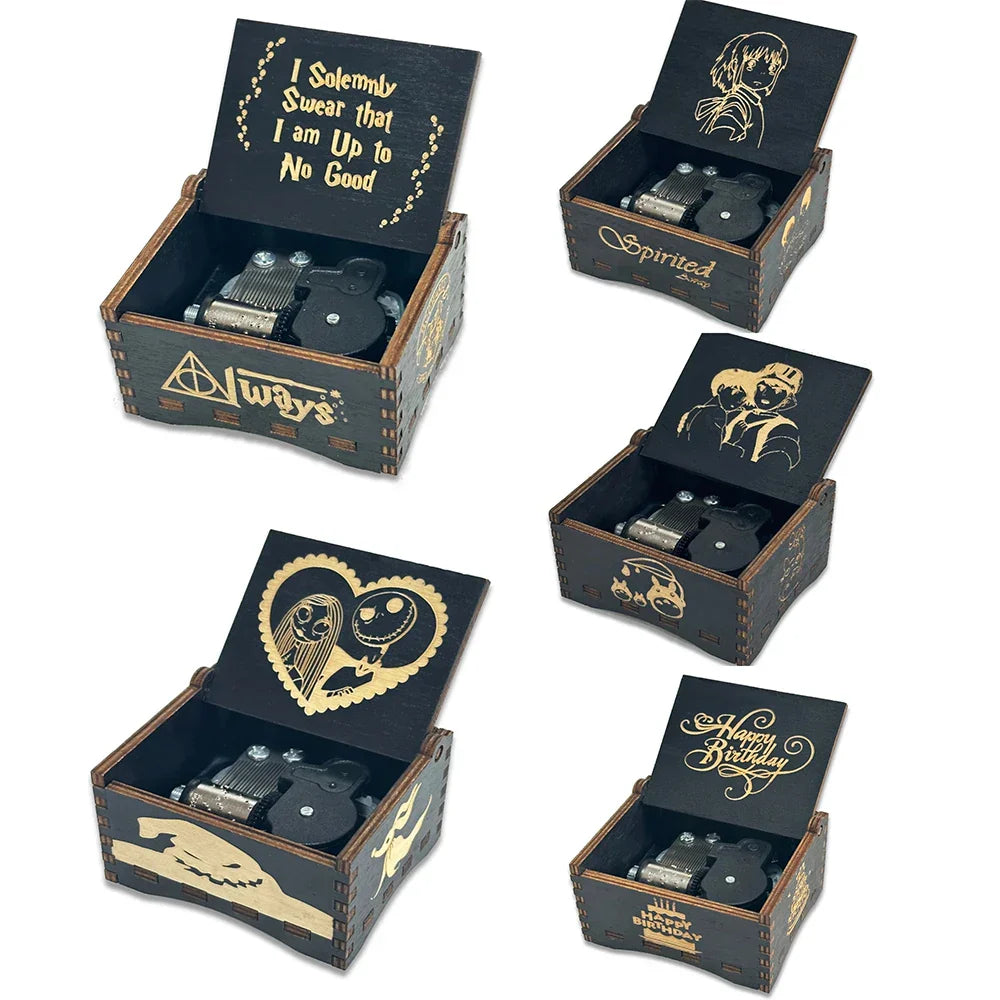 Black wooden music box with gold foil laser engraving gift featuring harry potter and nightmare before christmas designs