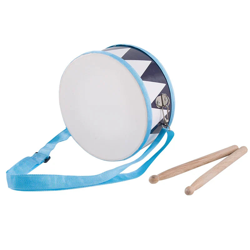 Blue and white wooden percussion drum toy for toddlers with carry strap and wooden sticks for rhythm development