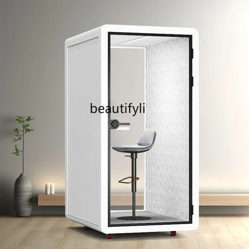 White modern x soundproof room with frosted glass door black trim and bar stool ideal for beat music store use