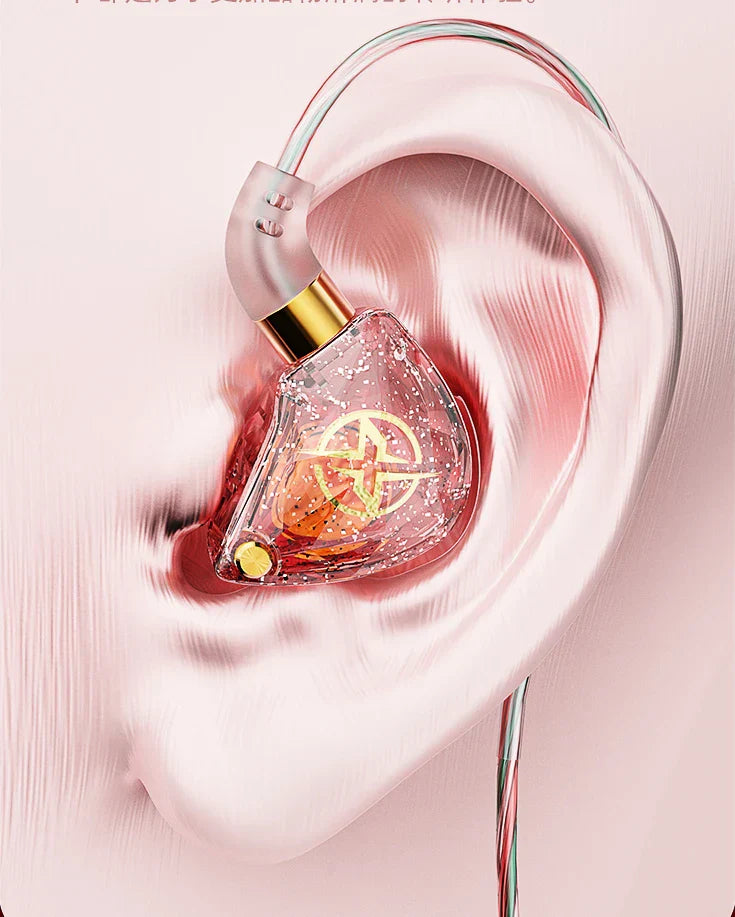 Transparent pink glitter-filled in-ear wired earphone bass with gold accents star emblem for musician headset gamer gift