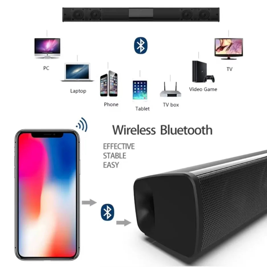 Black XIKCU bluetooth stereo soundbar with perforated grille and remote control support for surround sound home cinema