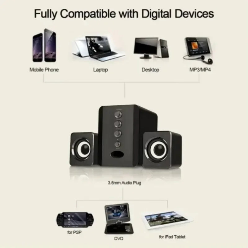 Black three-piece xikcu speaker box sound system with bar stereo subwoofer and usb computer speakers for pc use