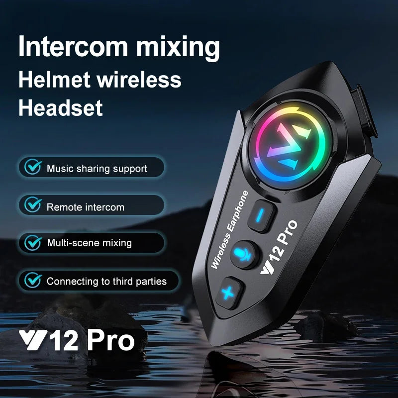 Black v12 pro wireless motorcycle helmet intercom with circular rgb light, control buttons, pro dual mic, waterproof music player