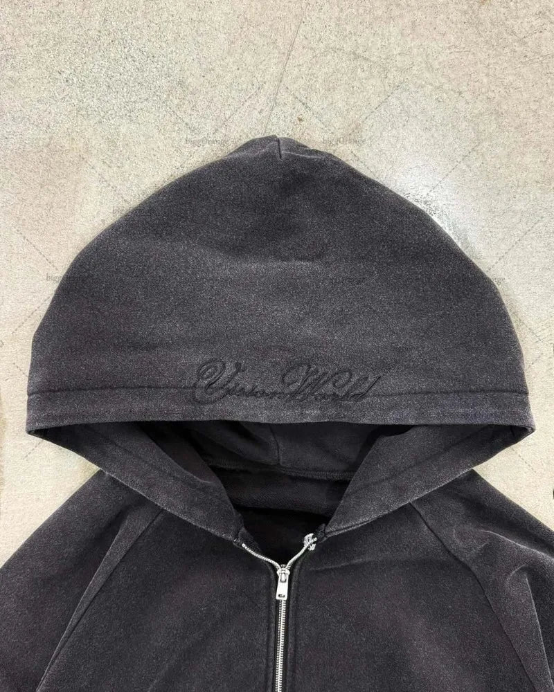 Dark gray velvet y2k harajuku gothic oversized zipper sweatshirt with union world embroidered on the hood for men and women