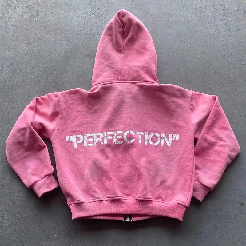 Pink cotton children’s zipper hoodie with perfection printed in white on the back casual streetwear spring wear
