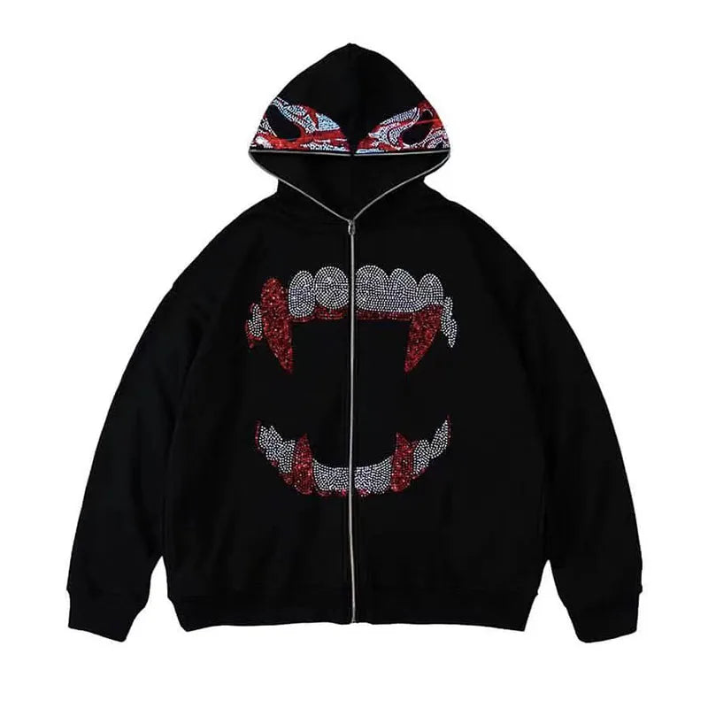 Black y2k rhinestones zip hoodie with glittering smiley face and red silver rhinestone hood trim for streetwear women oversize and hoodies men gothic style