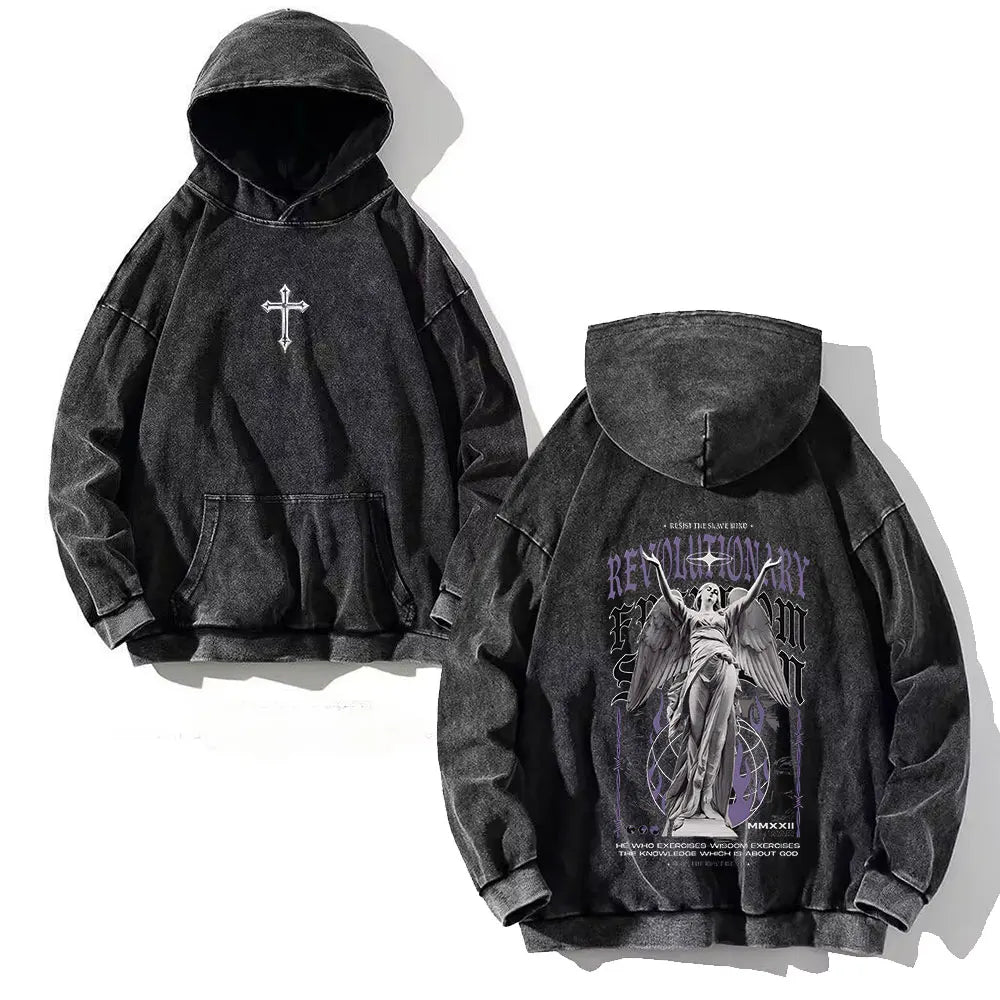 Black y2k washed hoodie featuring a white cross front and purple gray angel graphic on back with skull cross print