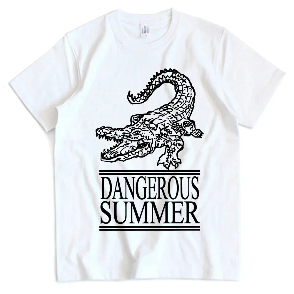 White cotton yeat dangerous summer loco tee streetwear with black crocodile graphic and dangerous summer text for women tshirts fashion
