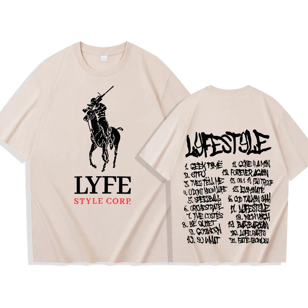 Beige yeat lyfestyle 2025 t-shirt for man women harajuku with black polo player print and bold lifestyle track list on back