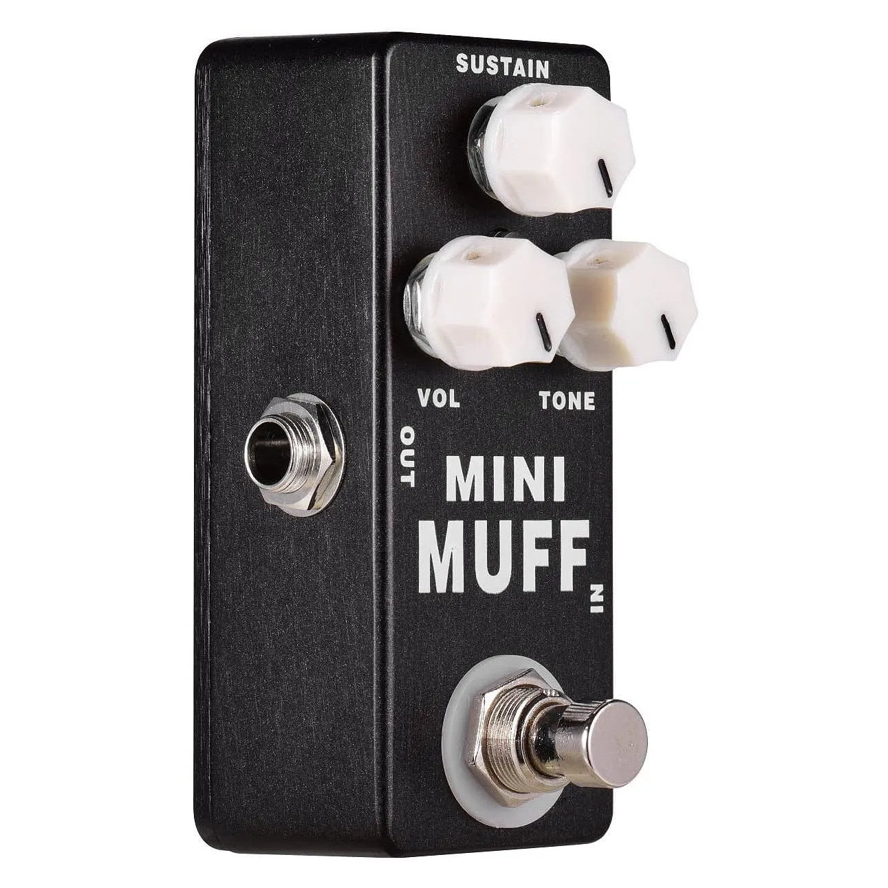 Black yhvc-mosky mini muff fuzz distortion electric guitar effect pedal with white knobs and silver metal footswitch showing bypass status