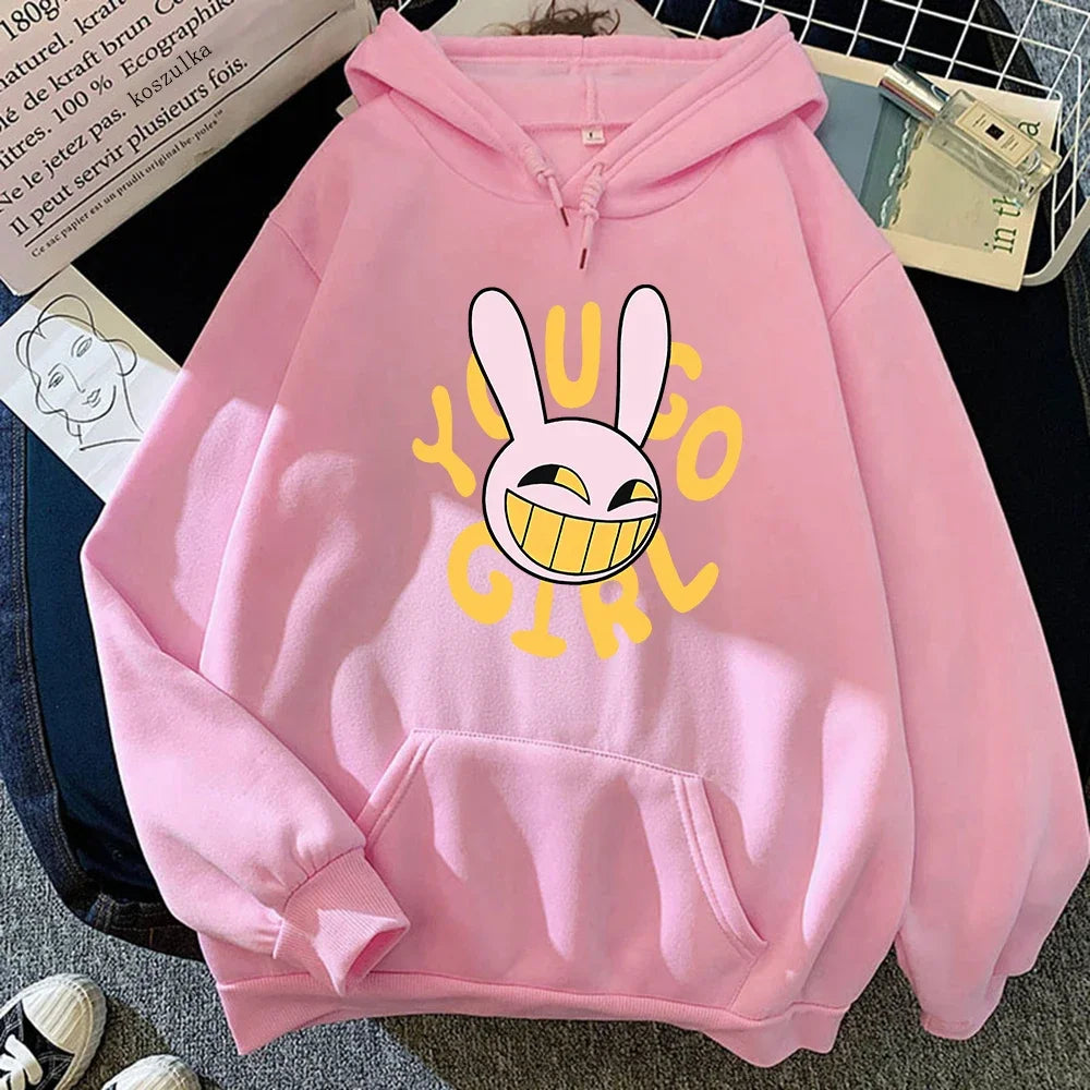 Pink digital circus jax hoodie featuring a cartoon bunny graphic and yellow young girl text fashion women harajuku rabbit hoodie unisex