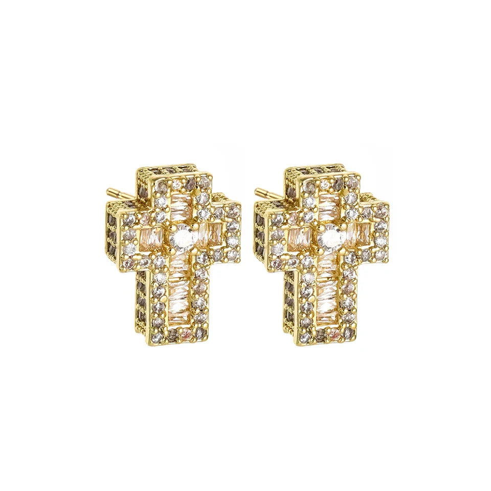 Gold-toned zakol hip hop cubic zirconia cross earrings with clear and pinkish crystals for women punk personalized style
