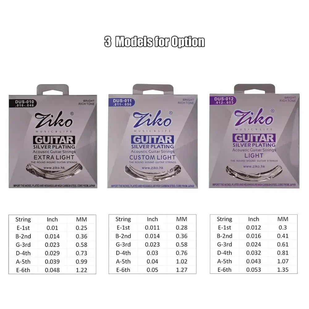 Ziko acoustic guitar strings set 010 011 012 silver plating with extra light custom light and light tension options for guitar parts musical use