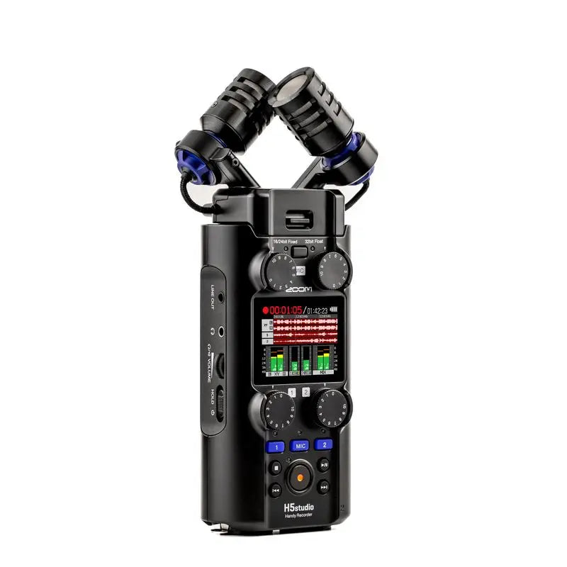 Black zoom h5 studio portable handy recorder with dual xlr microphones color screen and usb audio interface features