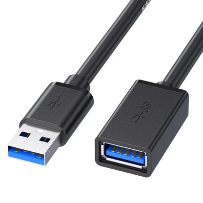 Black usb 3.0 extension cable with blue connectors and molded housing for laptop tv ssd female computer camera connectivity
