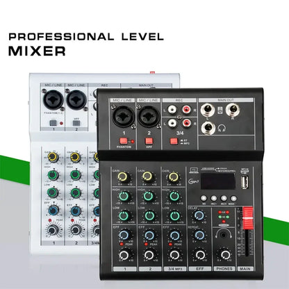 Professional 4 channel Audio mixer DJ karaoke Mixing Console With USB Interface Sound Card BT 48V for Karaoke Party PC Recording