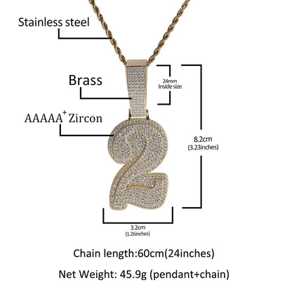 Hip Hop 5A+ CZ Stone Paved Bling Ice Out Big Numbers Pendants Necklaces for Men Rapper Jewelry Gold Silver Color