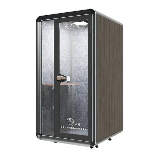 Modern black-framed soundproof room with frosted glass doors and wood grain panels for home recording studio use