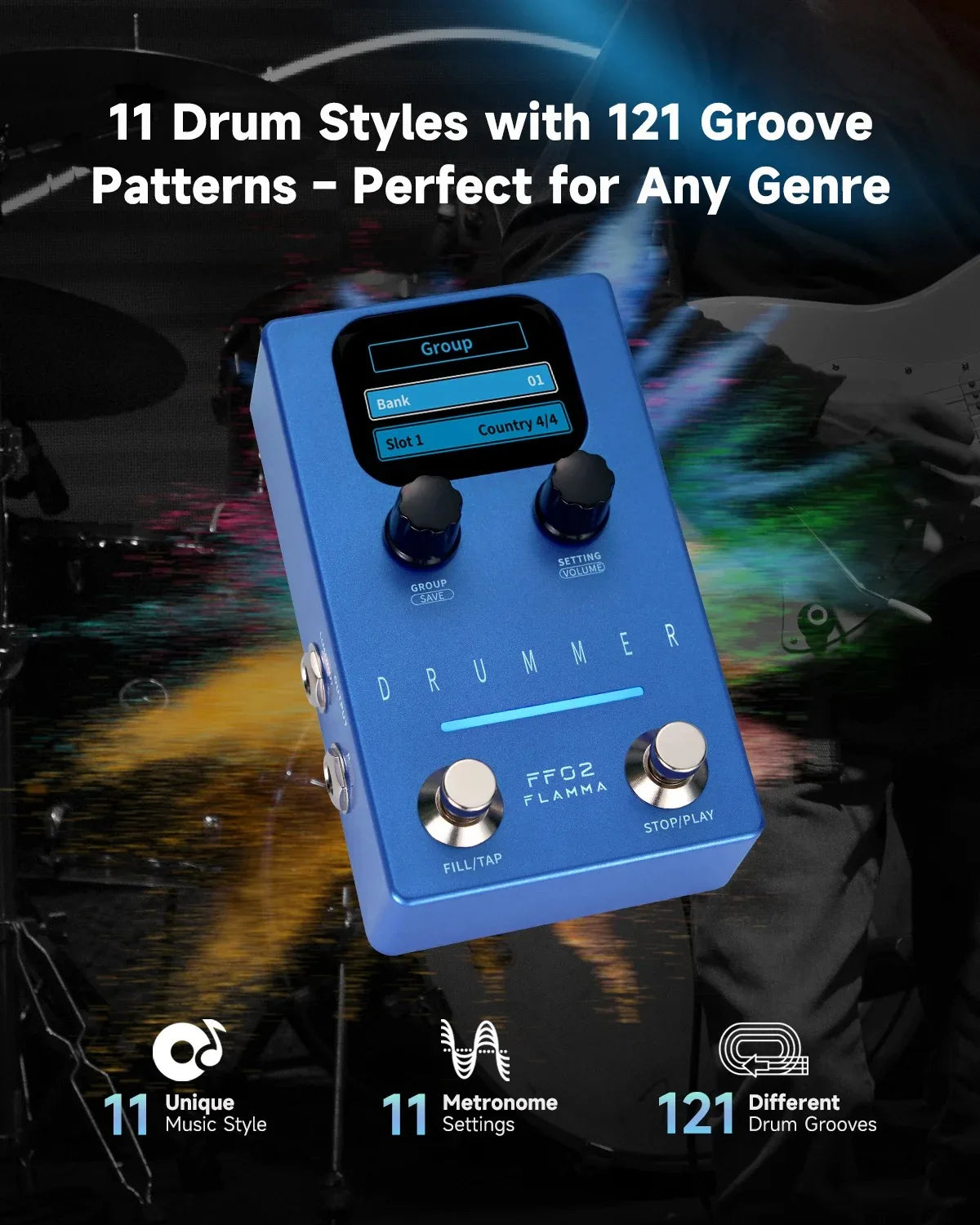 Flamma FF02 Daul Footswitch Drum Machine Guitar Effect Pedal 11 Drum Grooves 6 Preset Saving Slots Tap Tempo Function