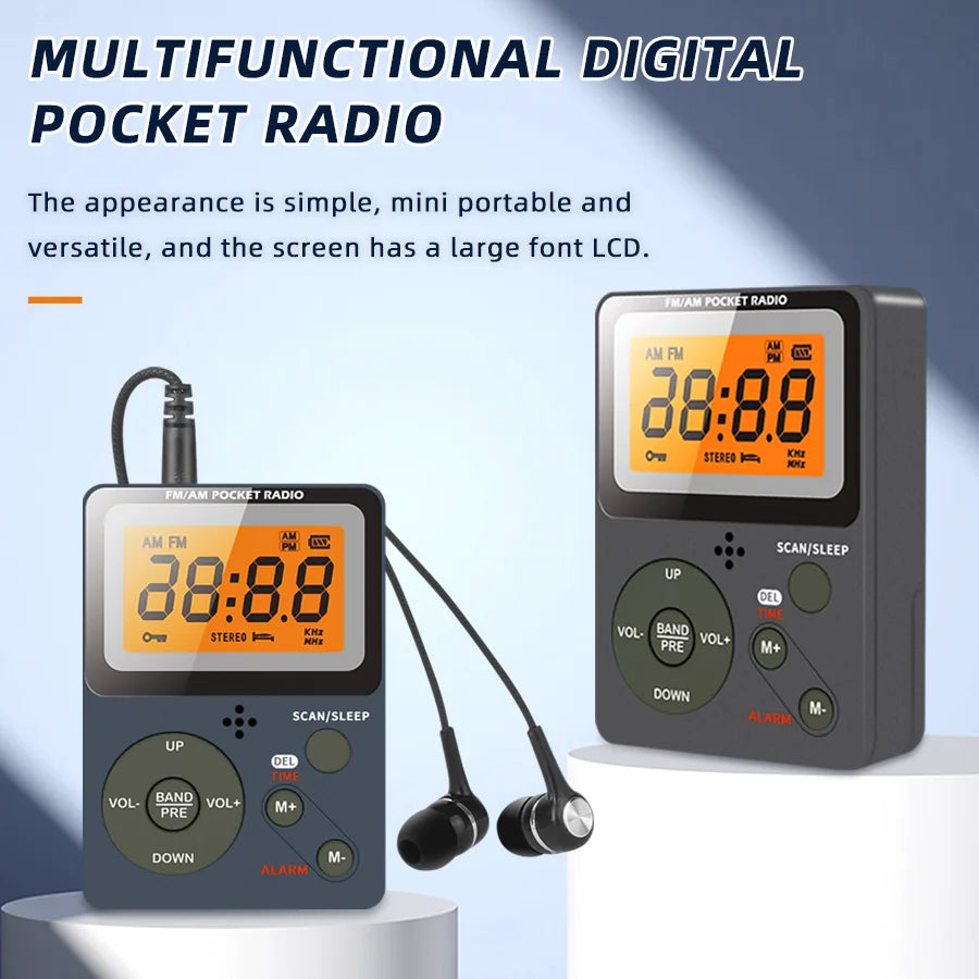 Digital Radio, FM/AM, 2 Band Stereo Music Receiver, Portable Pocket Radio with Headphones, LCD Screen, 2xAAA Dry Battery Powered