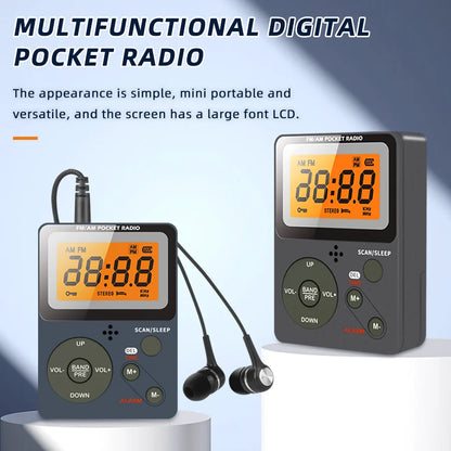 Digital Radio, FM/AM, 2 Band Stereo Music Receiver, Portable Pocket Radio with Headphones, LCD Screen, 2xAAA Dry Battery Powered