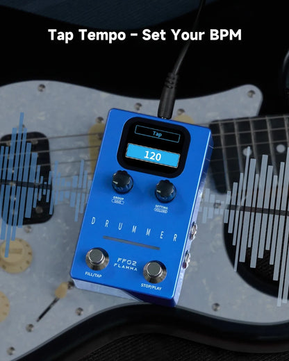 Flamma FF02 Daul Footswitch Drum Machine Guitar Effect Pedal 11 Drum Grooves 6 Preset Saving Slots Tap Tempo Function