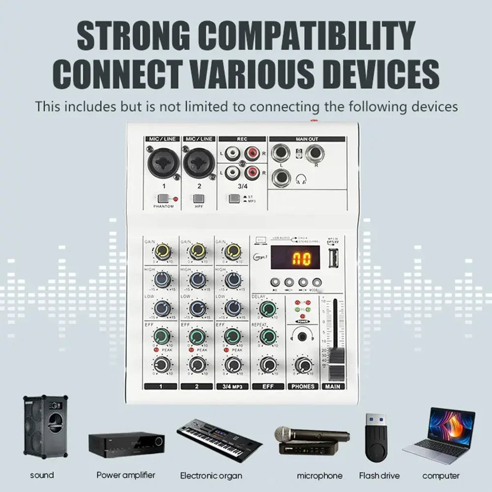 Professional 4 channel Audio mixer DJ karaoke Mixing Console With USB Interface Sound Card BT 48V for Karaoke Party PC Recording