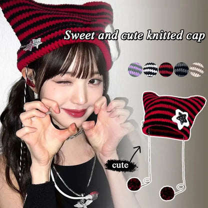 Hip-hop Y2K Beanie Hat Ins Devil Ear Striped Knitted Wool Cap Hip-hop Crochet Cute Cat Ears Pointed Pullover Women's Hats