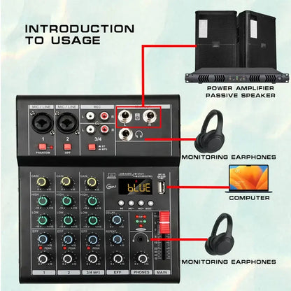 Professional 4 channel Audio mixer DJ karaoke Mixing Console With USB Interface Sound Card BT 48V for Karaoke Party PC Recording
