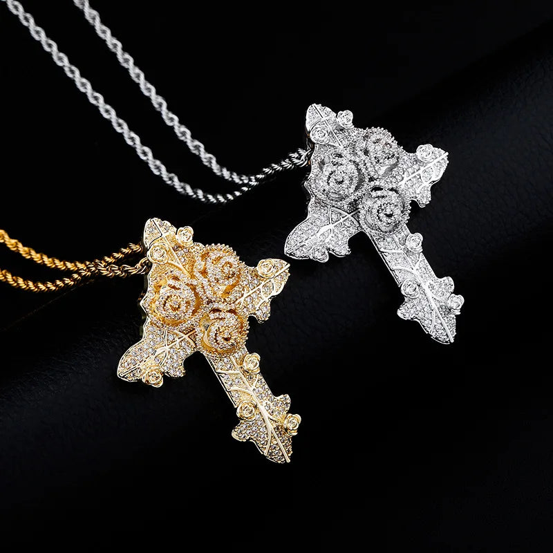 Hip Hop Micro Paved AAA Cubic Zirconia Bling Iced Out Flowers Cross Pendants Necklaces for Men Rapper Jewelry Drop Shipping