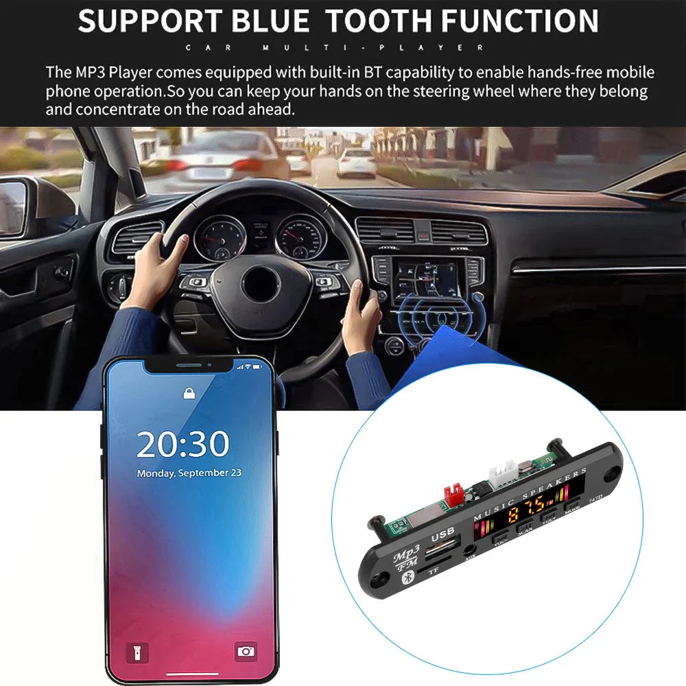 Black mp3 decoder board with bluetooth 5.3 and digital display for wma car music in 12v wireless car kit