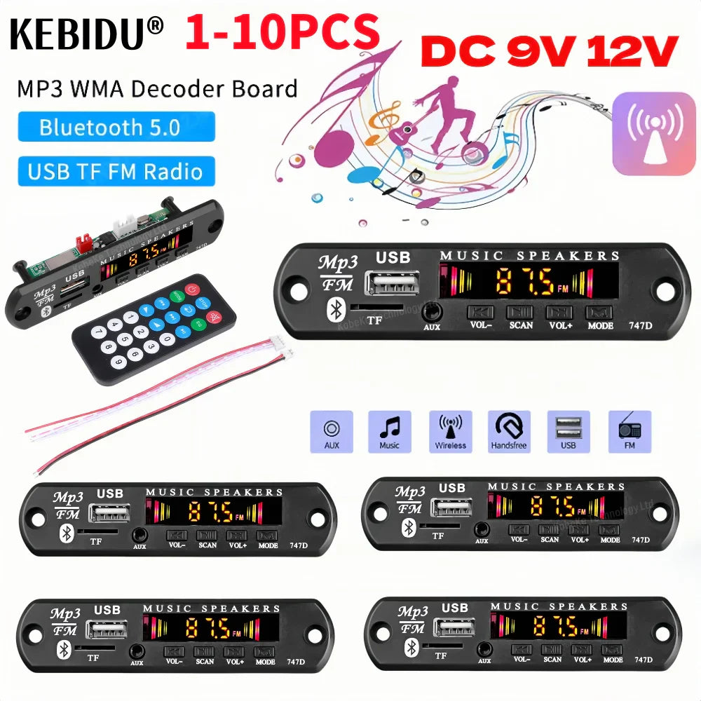 Black kebidu 747d mp3 decoder board with red digital display car kit wireless wma car music player module usb fm bluetooth