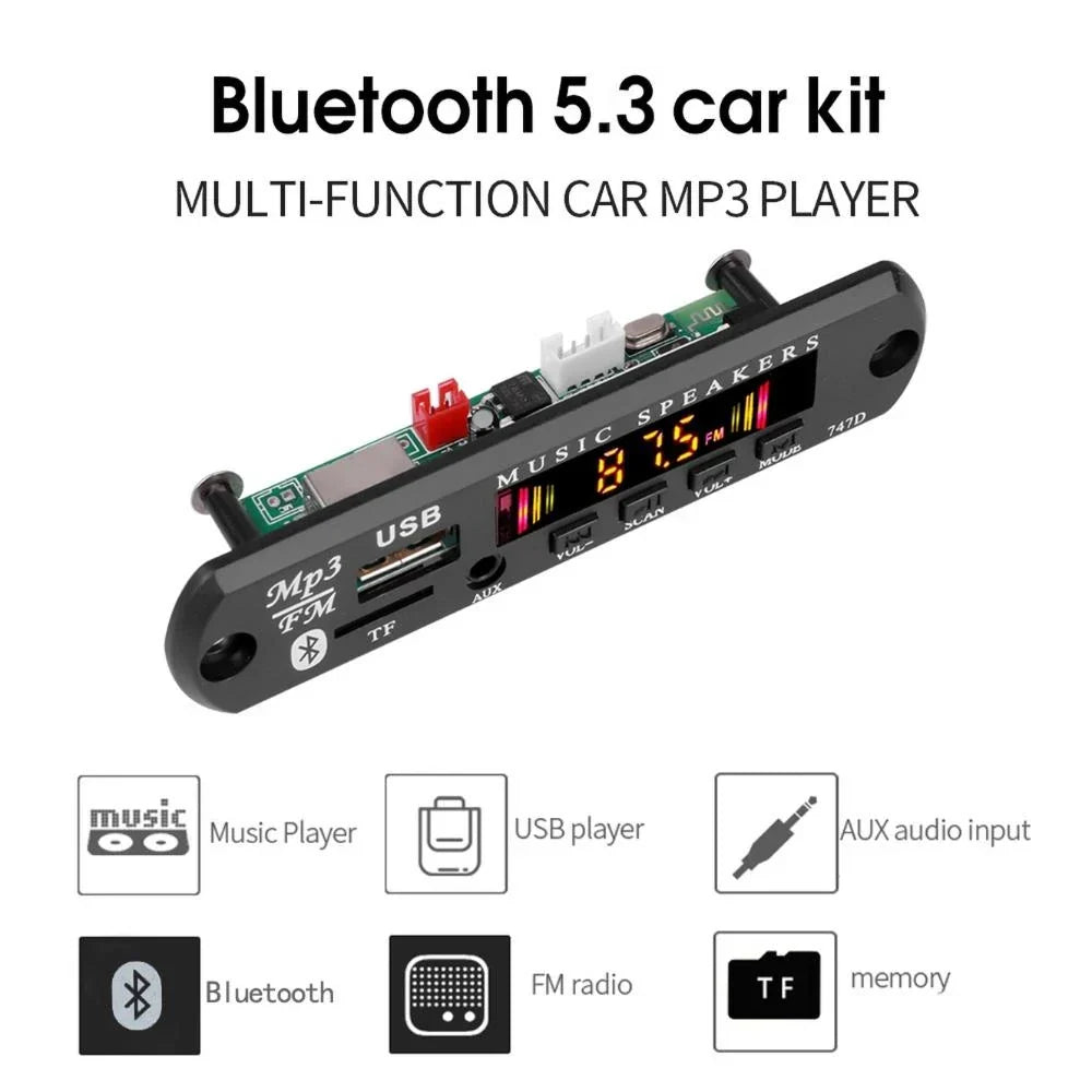 Black plastic bluetooth 5.3 car kit wireless mp3 decoder board with digital display 87.5 fm and multiple input ports