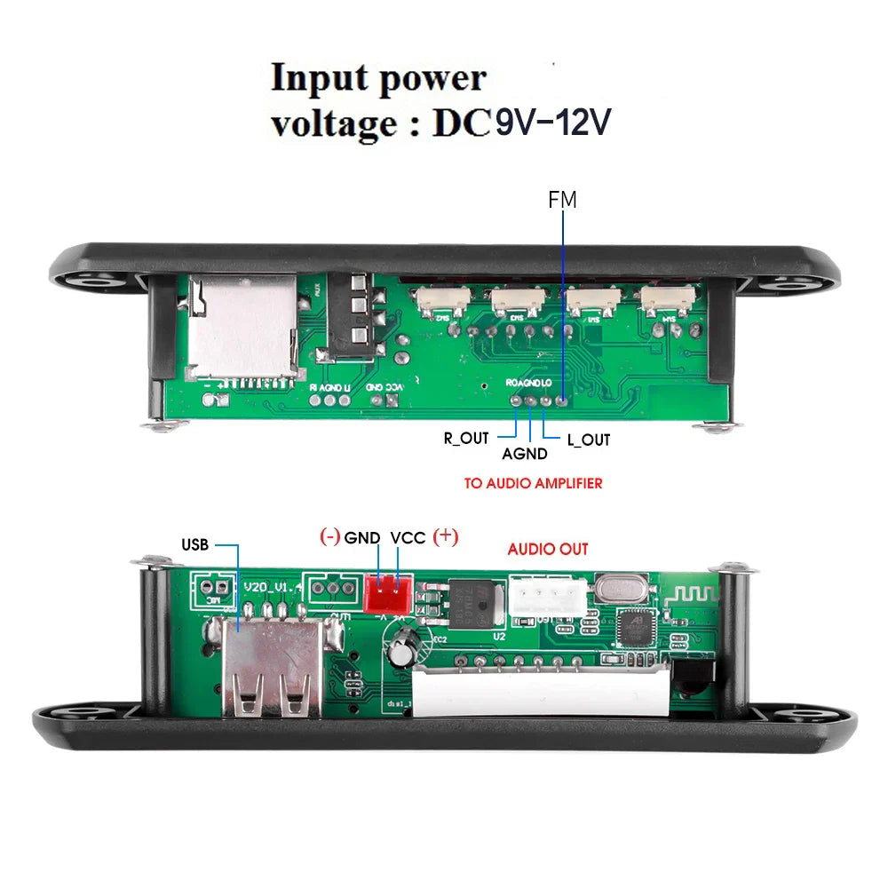 Black plastic housing with green circuit board showing usb fm radio and audio ports for car kit wireless mp3 decoder board