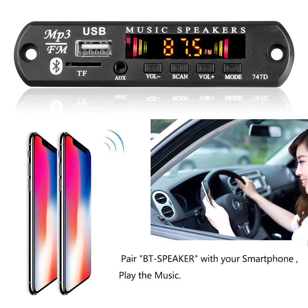 Black rectangular mp3 decoder board car kit wireless with usb tf card slot bluetooth and fm display for wma car music player
